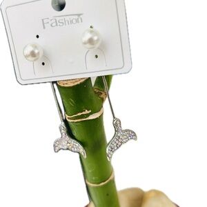 Elegant silverplated Dolphin crystal accents & Faux pearl Dangle Drop Earrings